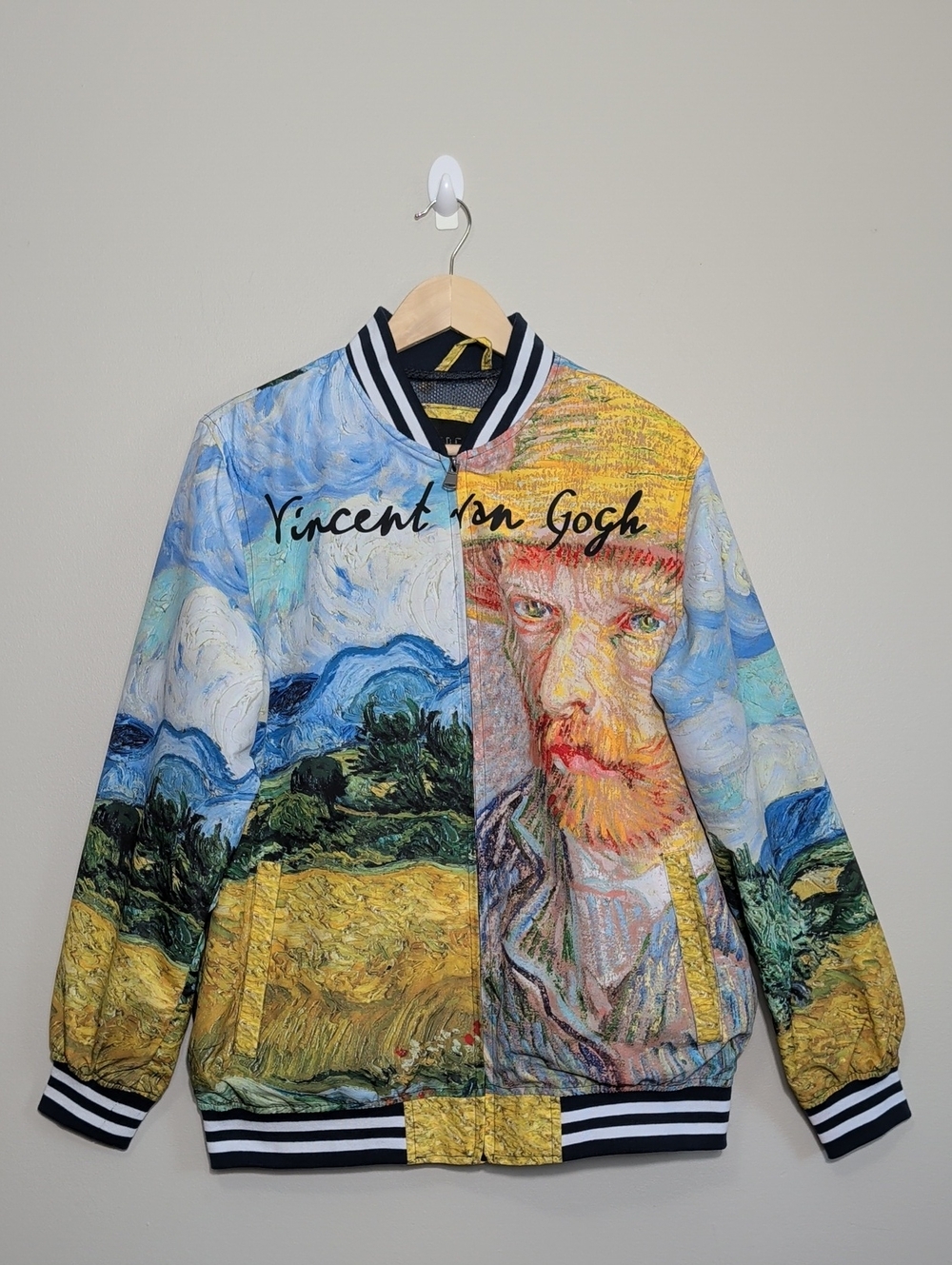 Vincent Van Gogh Wheat Field Cypresses Printed Bomber Jacket Mens MED Artsy OOAK